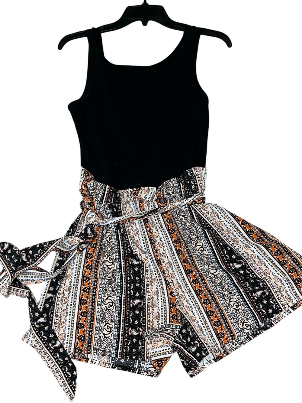 Black Tank Romper with Patterned Tie-Waist Shorts